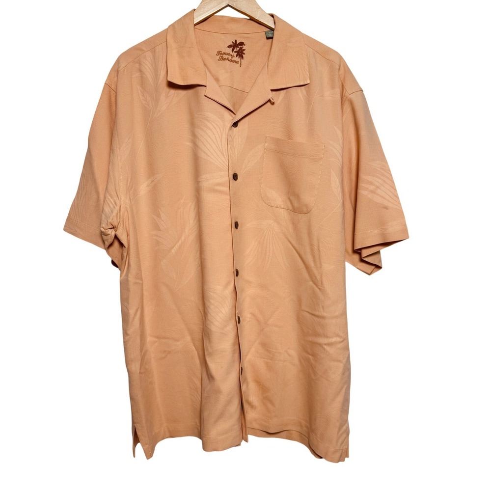Tommy Bahama Mens Silk‎ Shirt XL Camp Palm Tree Print Peach Short Sleeve